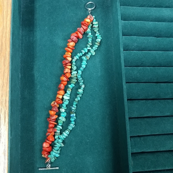 Turquoise Chip & Coral Bracelet 3 Strand 925 Sterling Silver 8" Long - Picture 15 of 16
